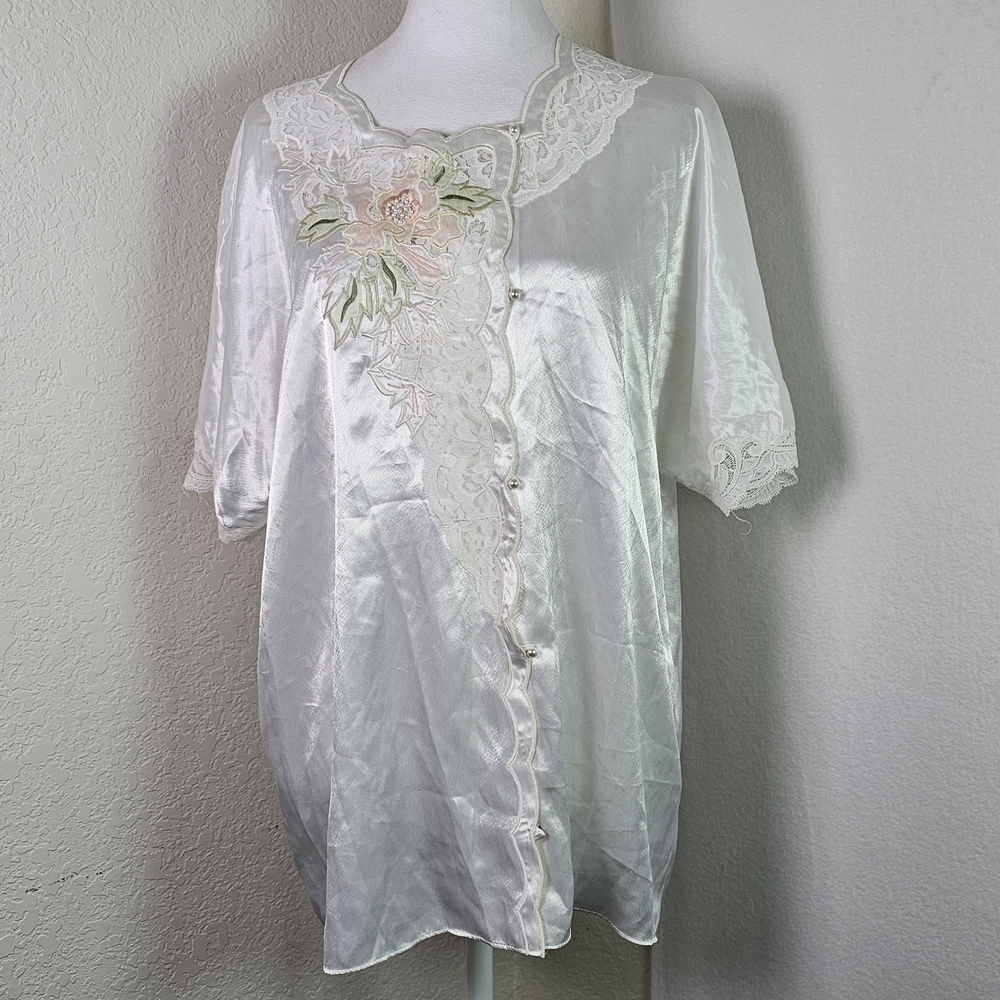 Vintage Natori Satin & Lace Floral Embroidered Kimono Robe Top Sz L Romantic